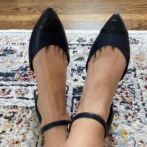 Chanel black navy leather ankle strap flats